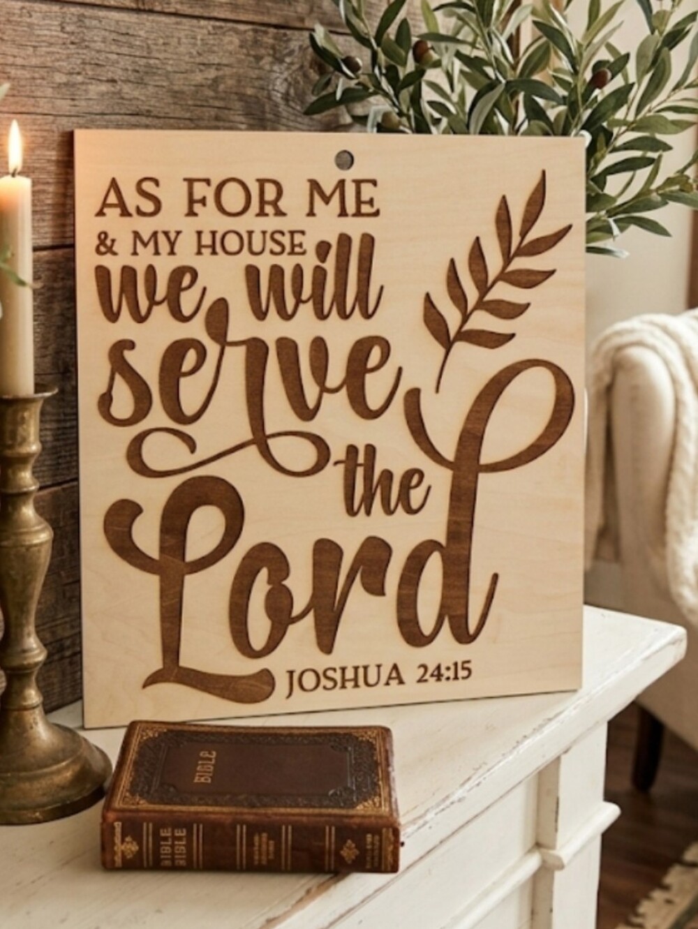 Wood Burned Wooden Scripture Wall Sign "We Will Serve the Lord"